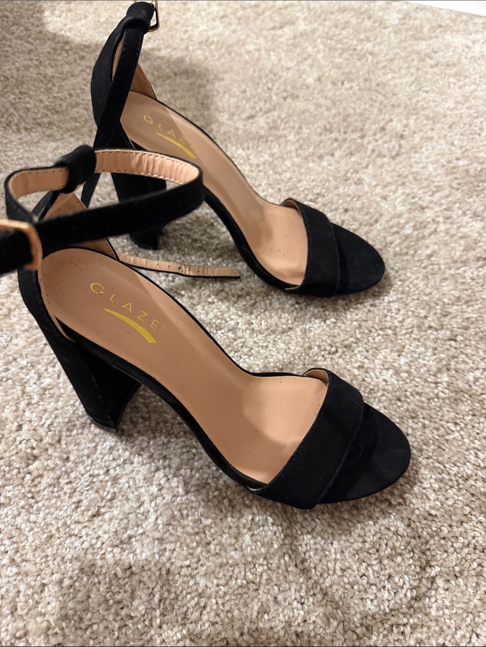 Glaze Black Suede Ankle-Strap Block Heel Sandals